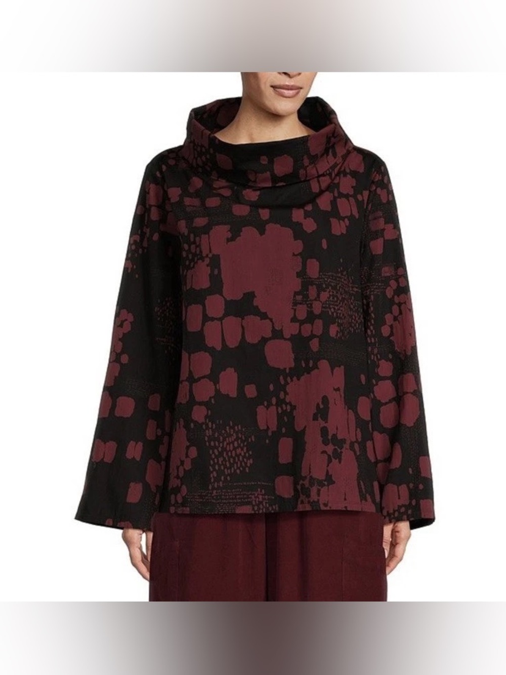 Bryn Walker Black Burgundy Abstract Print Organic Cotton Cowl Neck Top Size S